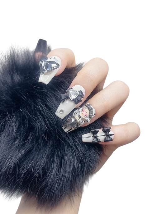 Black & White Long Coffin Press-On Nails with 3D Doll, Bowknot & Heart Rhinestones | Tipora 071
