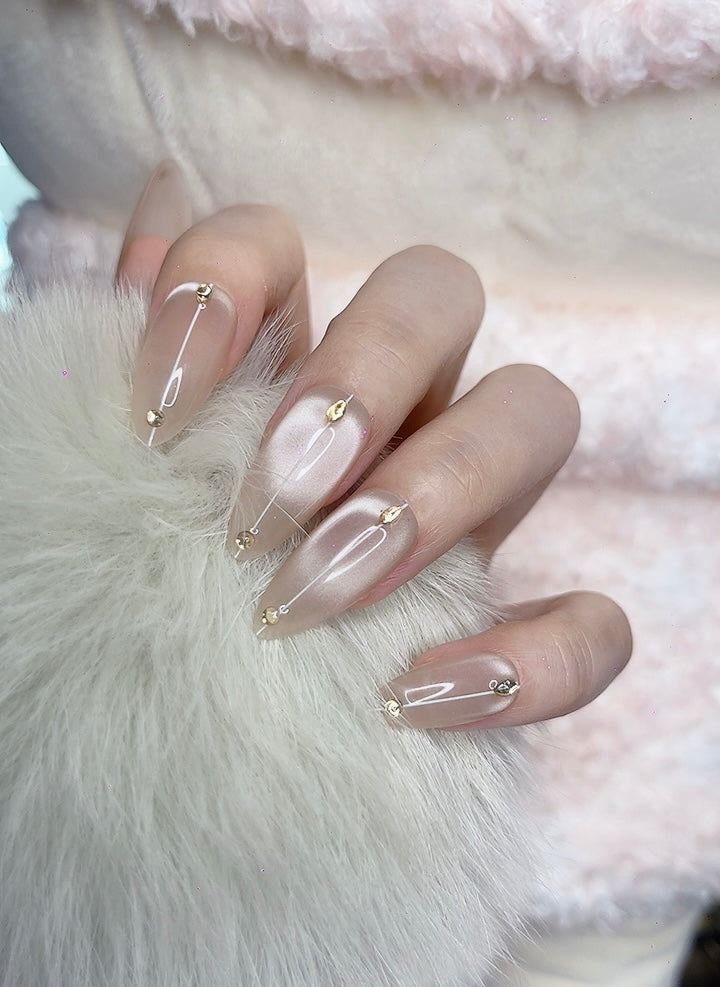 Press on Nails Almond Shape Medium Length Pink Color with Simple Line Design 130 Glam Nail