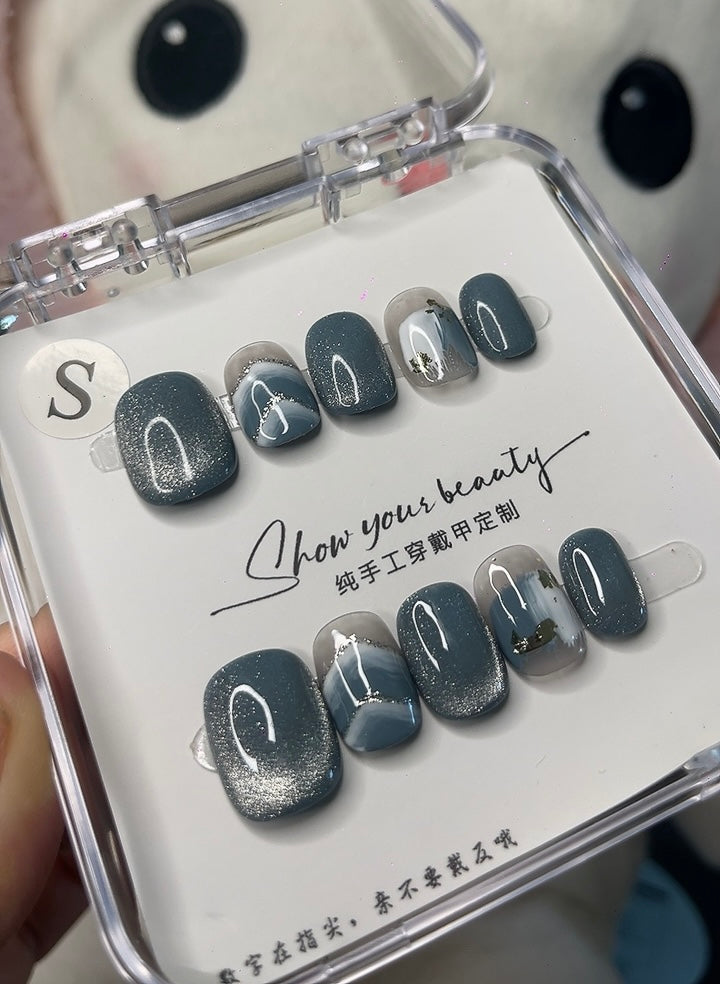 Glossy blue handmade round nails