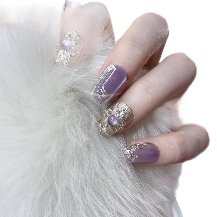 Reusable Short Square Gel Nails Purple Color with Cat-Eye Design Tipora 109