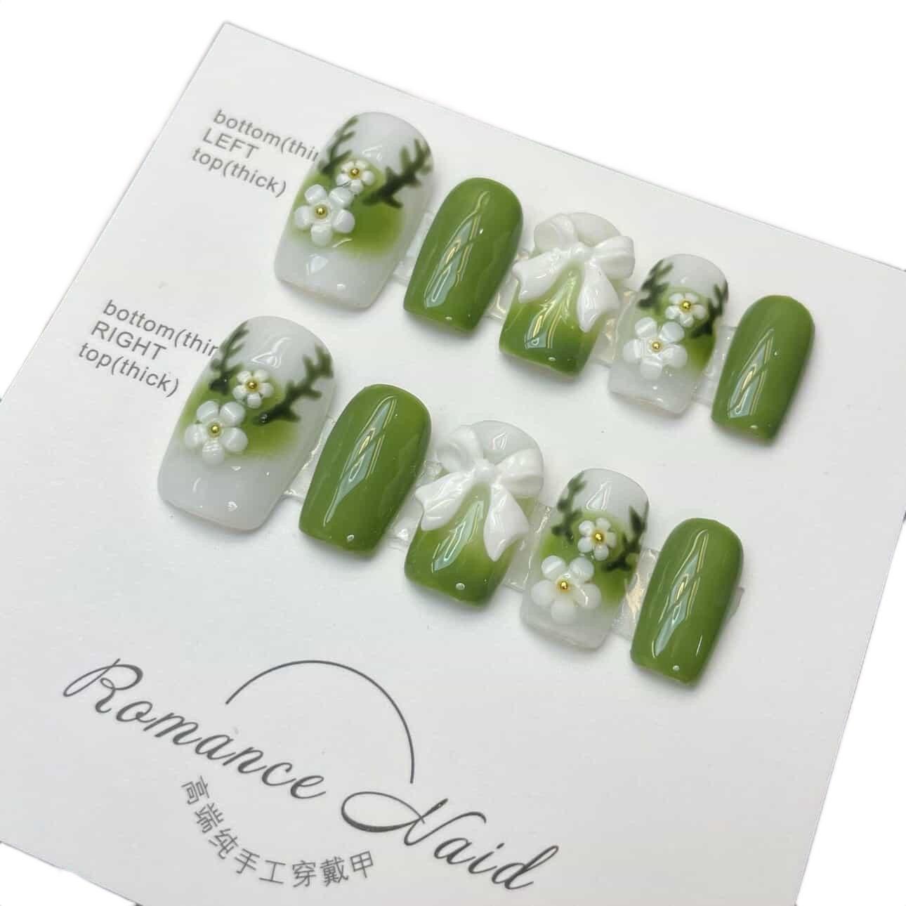 Square Press-on Nails Green Summer Medium Length with White Bowknot Tipora 112