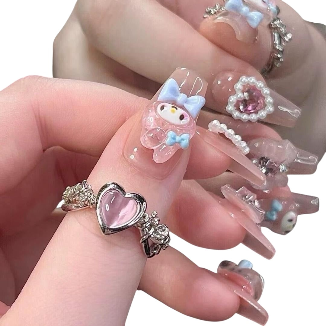 Pink Medium Square Press-On Nails with 3D Melody Design | Tipora 007