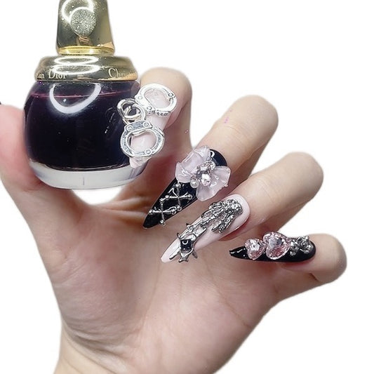 Black and Pink Long Stiletto Press-On Nails with Gothic Design – Tipora 088