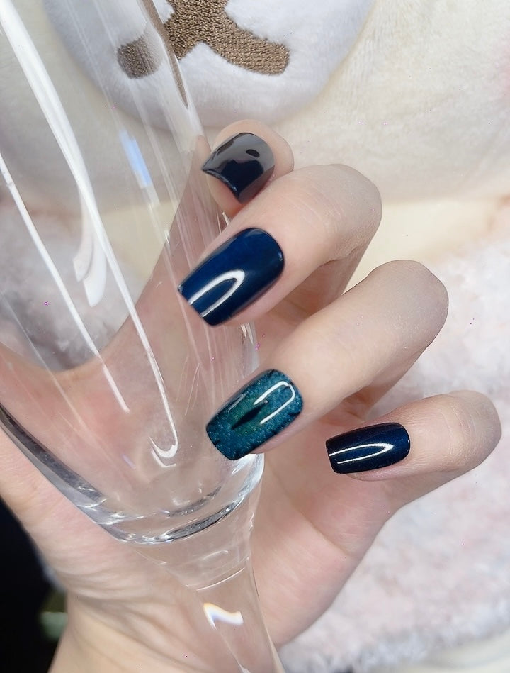 Press on Nails Short Square Blue Color with Devil’s Eye Design 116