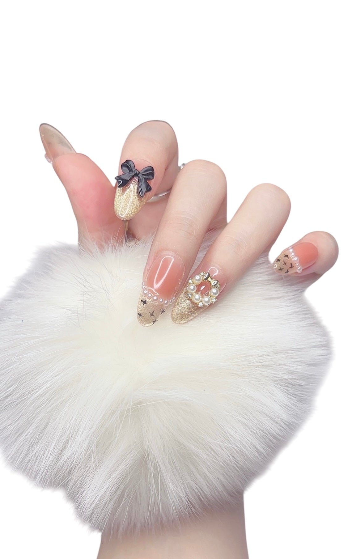 Artificial Acrylic Nails Long Oval with Mini Peal and Black Bowknot Design Tipora 113