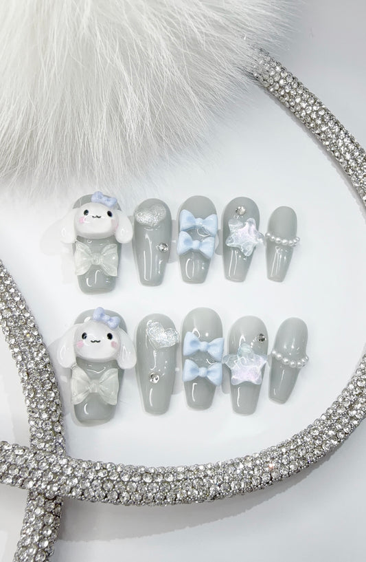 Blue Long Coffin Press-On Nails with 3D Bunny Design | Tipora 031