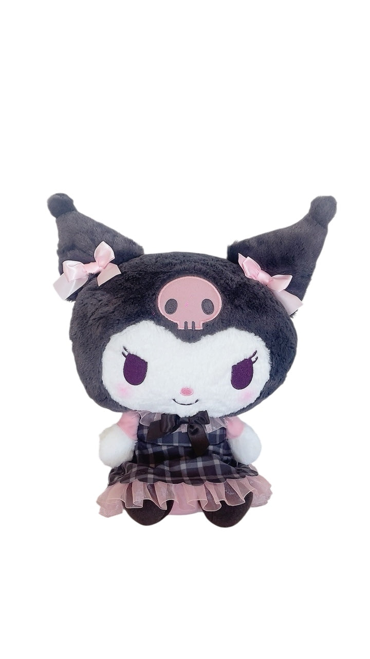 Kuromi 13” Plush – Soft Stuffed Doll with Pink Bows, Lace Skirt & Plaid Outfit