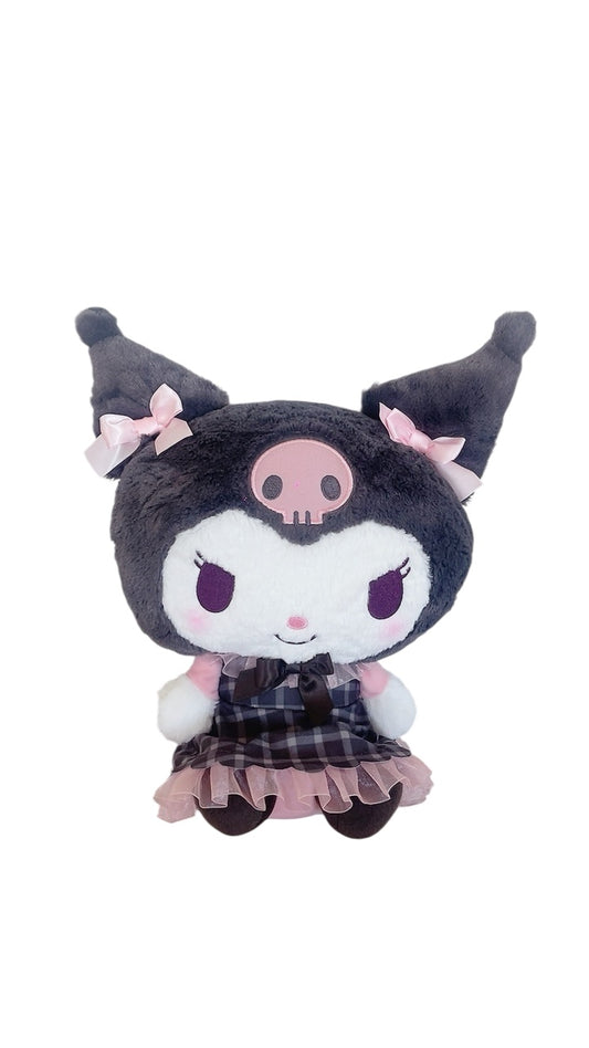 Kuromi 13” Plush – Soft Stuffed Doll with Pink Bows, Lace Skirt & Plaid Outfit