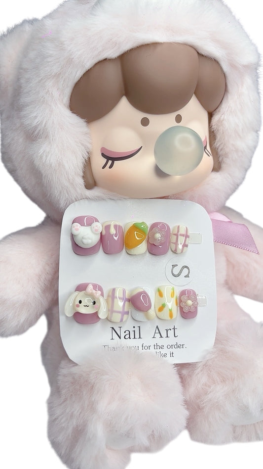 Pink Short Round Press-On Nails with 3D Rabbit & Carrot Design | Limited Edition – Tipora 034