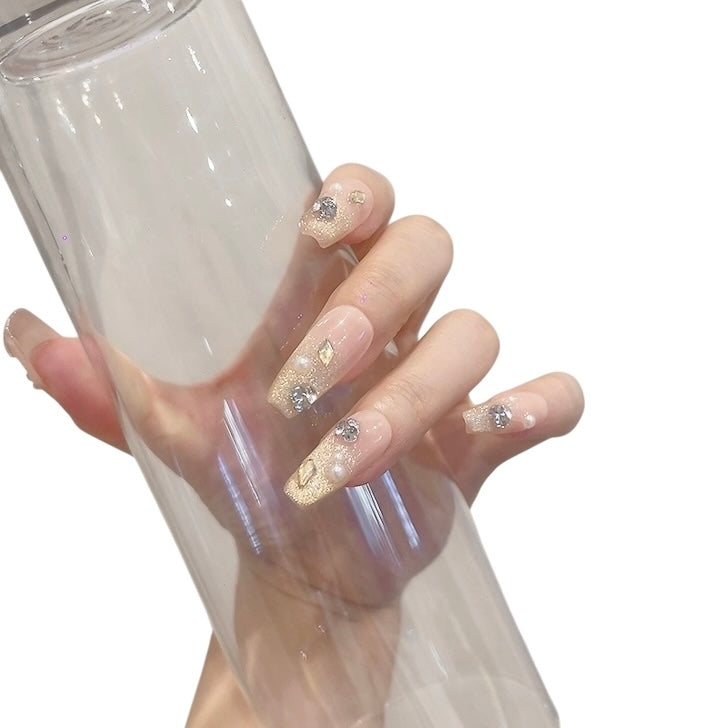 Long Coffin Yellow Press-On Nails with Sparkle Design | Tipora 103