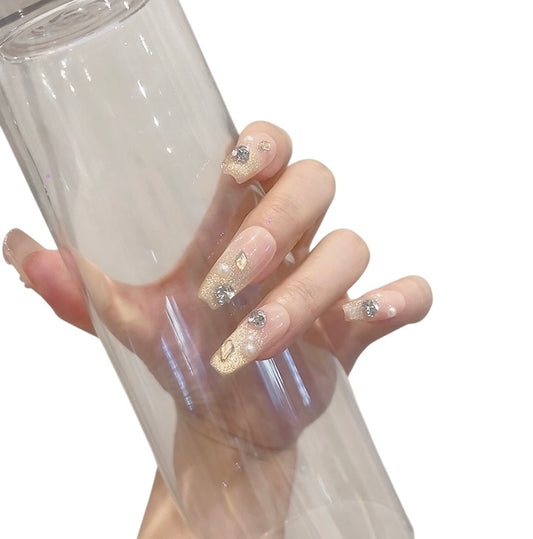 Long Coffin Yellow Press-On Nails with Sparkle Design | Tipora 103