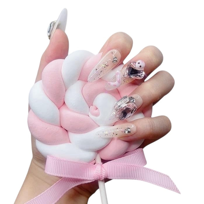 Pink Long Oval Press-On Nails with 3D Snake Design – Tipora 025