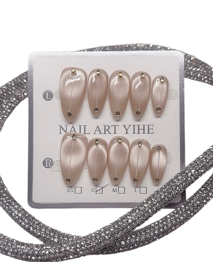 Press on Nails Almond Shape Medium Length Pink Color with Simple Line Design 130 Glam Nail