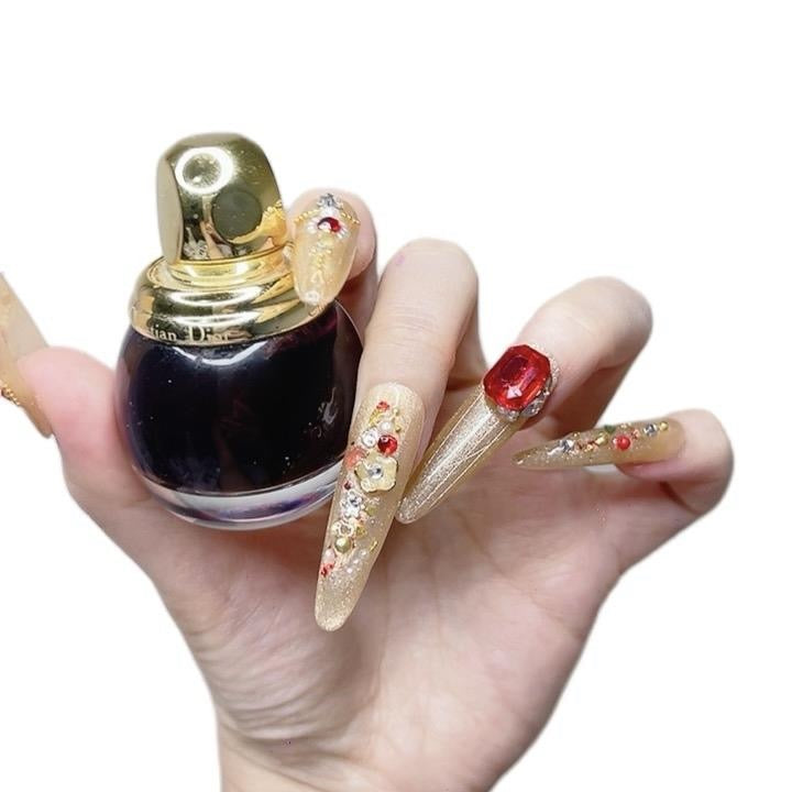 Yellow and Red Long Oval Press-On Nails with Gold Palace Design – Tipora 084 