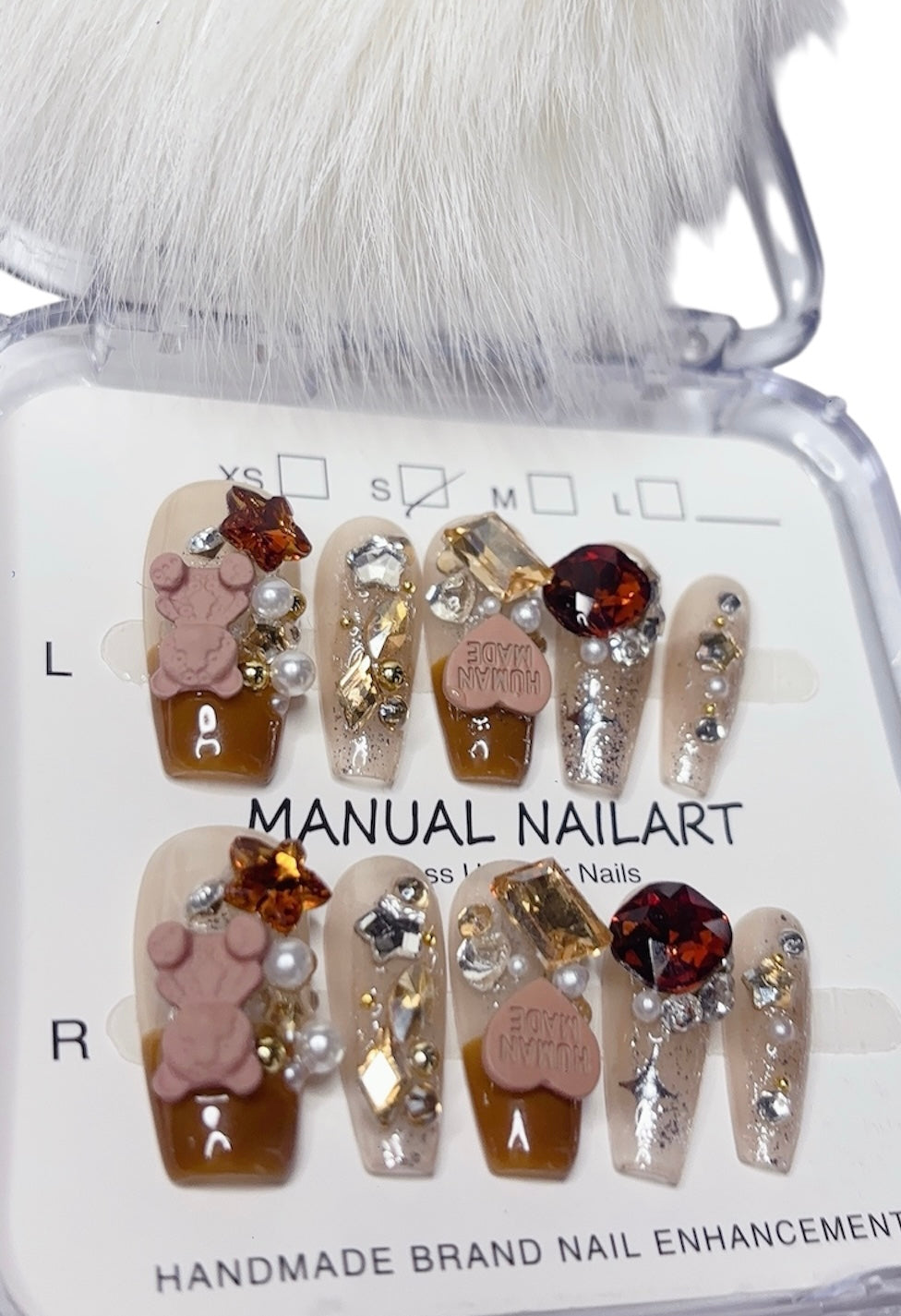 Brown Long Coffin Press-On Nails with 3D Bear and Sparkle Design | Tipora 078