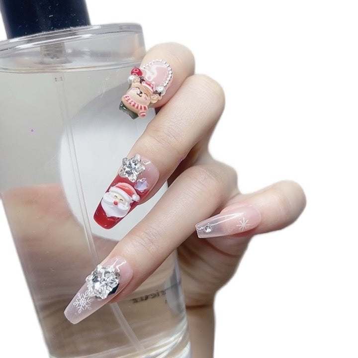 Red & Green Long Coffin Press-On Nails with 3D Christmas Design | Tipora 087