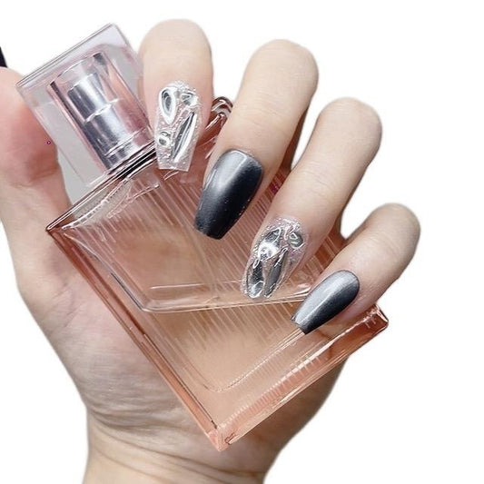 Black & Silver Medium Coffin Press-On Nails with Sparkle Design | Tipora 080