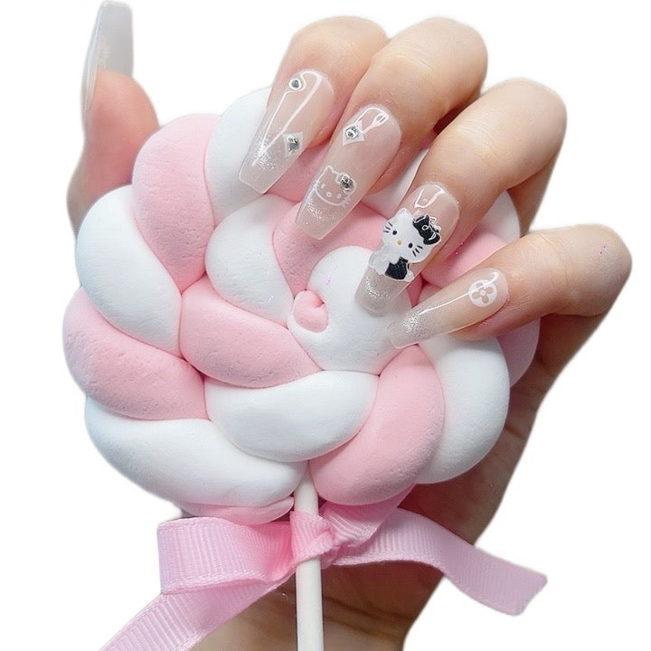 Press on Nails Long Coffin White Color with Cat Design 059
