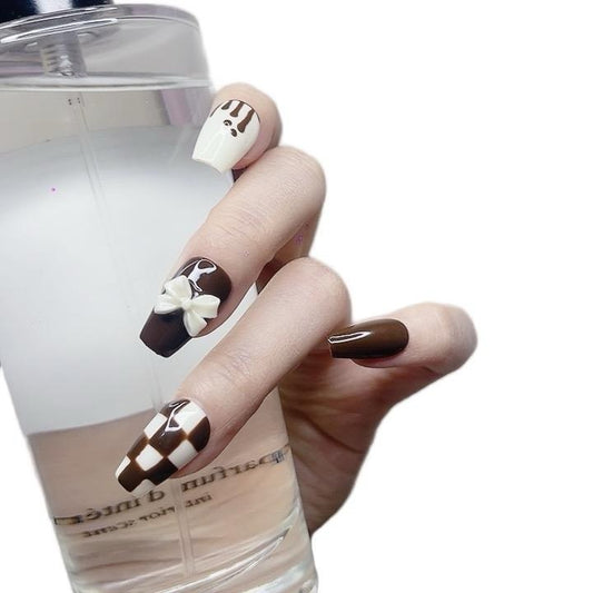 Chocolate-Inspired Press-On Nails – Brown & White with 3D Bowknot | Tipora 094