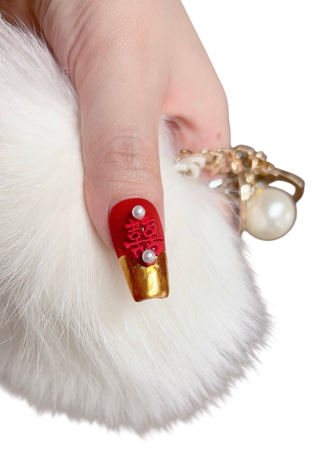 Red Long Coffin Press-On Nails with 3D Wedding Design | Tipora 070
