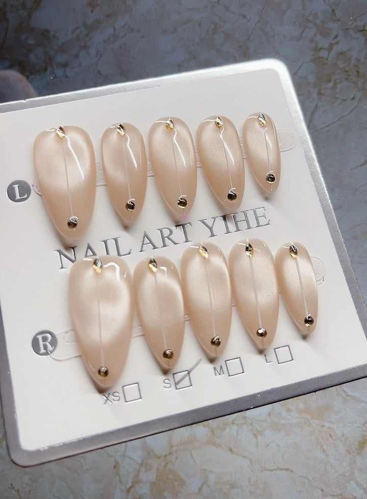 Press on Nails Almond Shape Medium Length Pink Color with Simple Line Design 130 Glam Nail