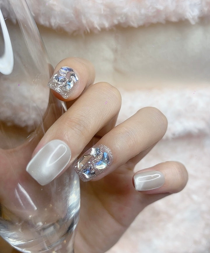Press on Nails Short Square White Color with Ocean Design 121