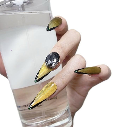 Yellow Long Stiletto Press-On Nails with Rhinestones – Tipora 082