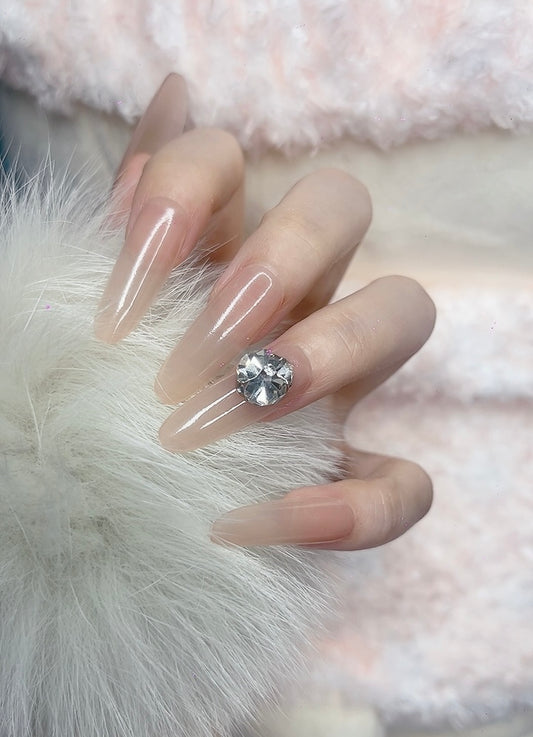 Press on Nails Long Oval Shape Pink Color with Round Rhinestones Design 128 - Elegant and Stylish Glam Nails for Weddings Parties or Everyday Wear