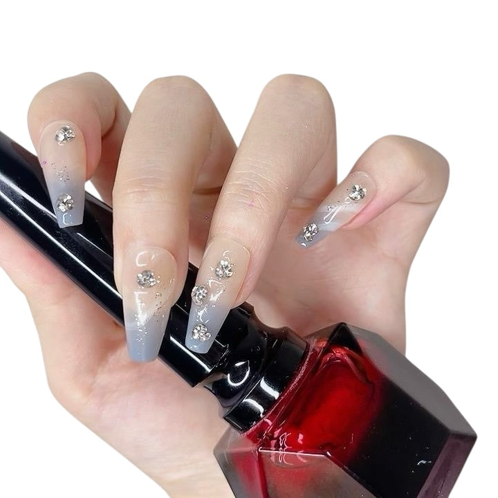 Pink & Gray Long Coffin Press-On Nails with Rhinestone Design | Tipora 016