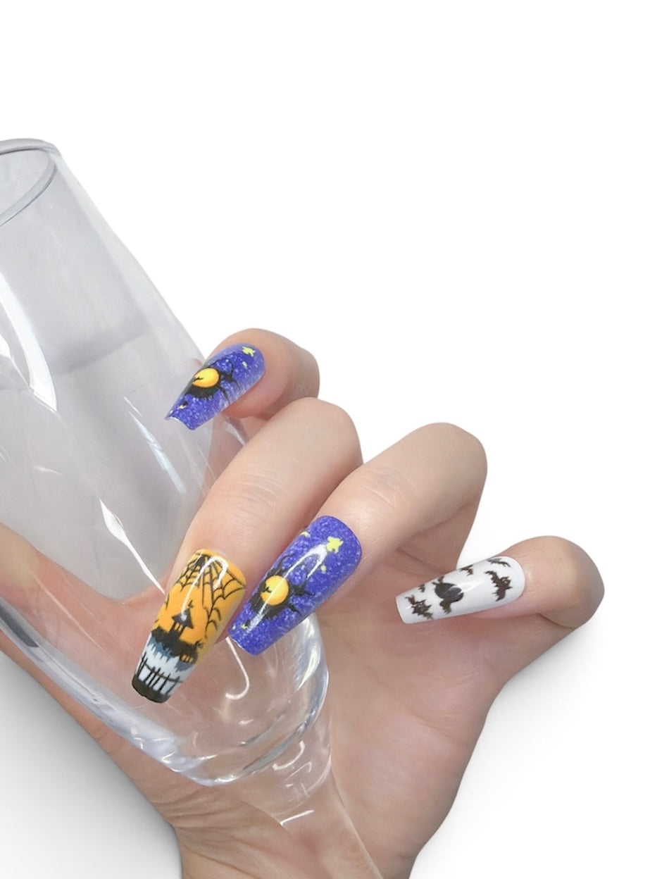 Halloween Press-On Nails 24 Pieces | Hand-Painted Spooky Graveyard, Haunted House & Bat Design | Glossy Reusable Coffin Nails | Tipora 136