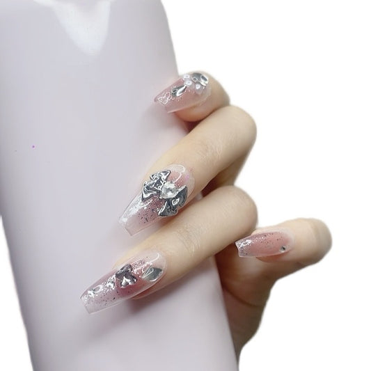 Pink Medium Coffin Press-On Nails with 3D Bowknot Design | Tipora 086
