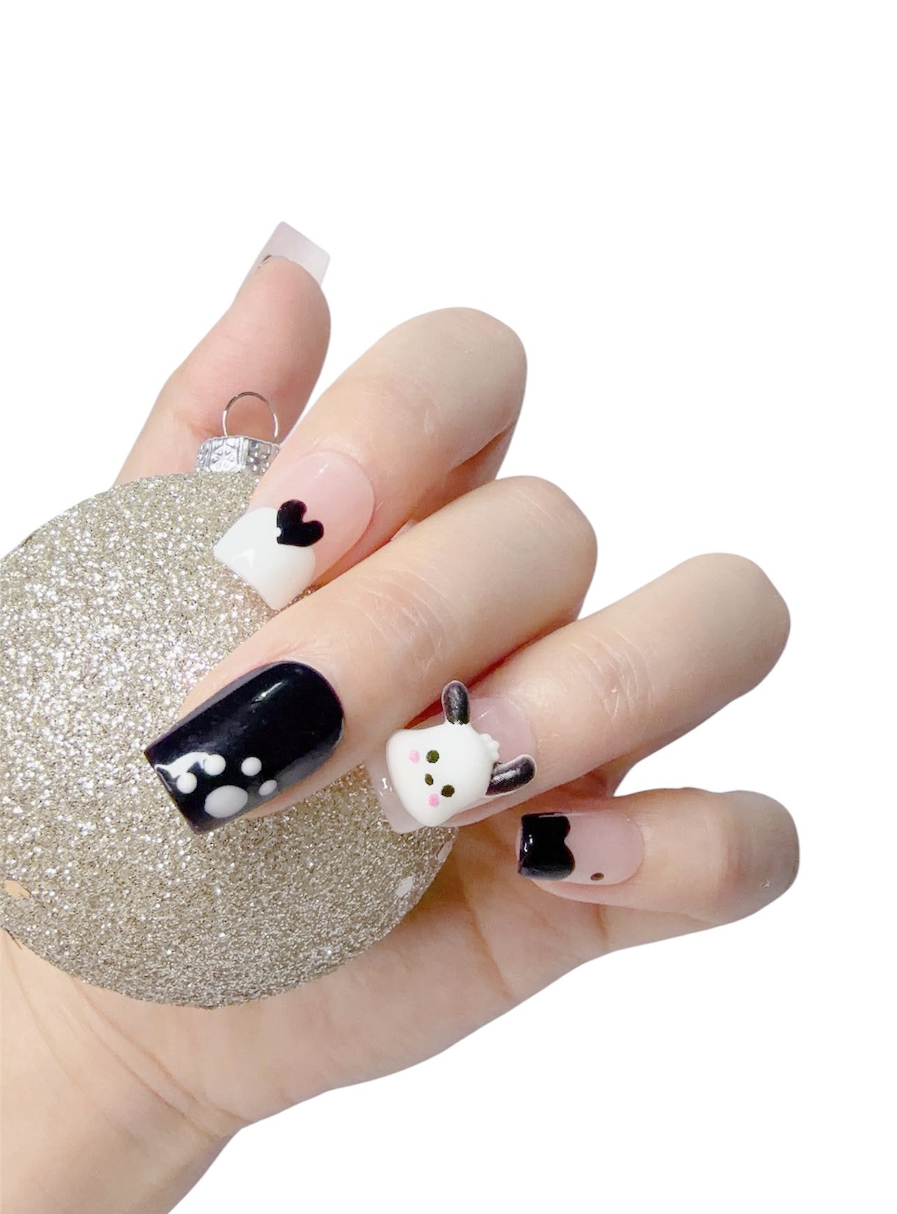Black & White Short Square Press-On Nails with 3D Puppy Design | Tipora 036