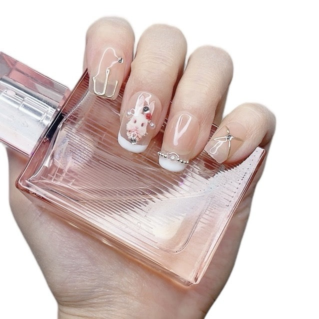 French Tip Press-On Nails with Cute Bunny Design | Tipora 093