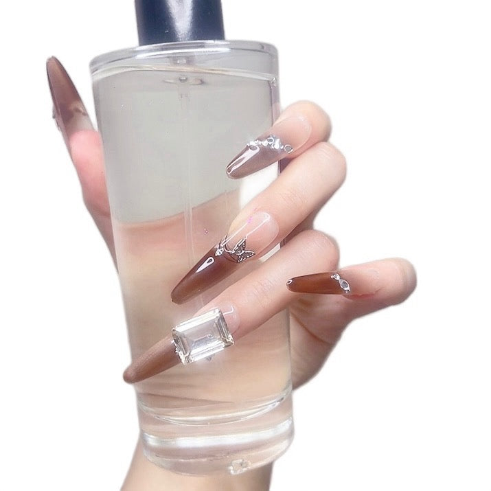 Brown Long Oval Press-On Nails with Square Rhinestone Design – Tipora 085