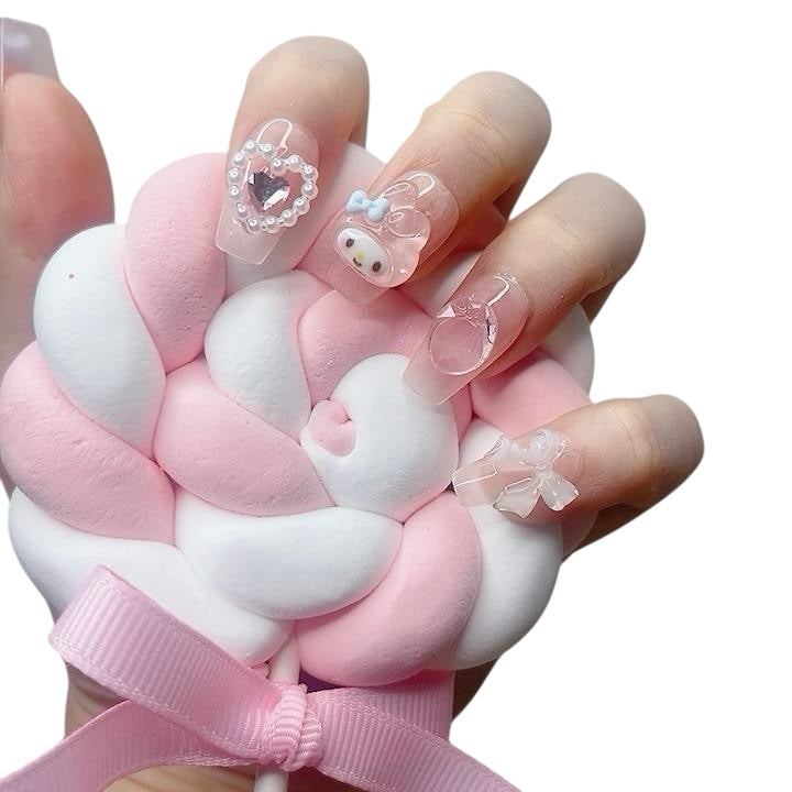 Press on Nails Medium to Length Coffin Shape Pink Color with 3D Design 007