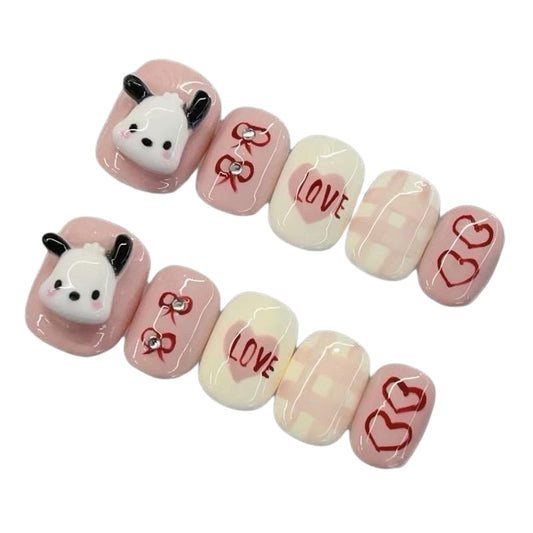Pink & White Short Round Press-On Nails with 3D Dog Design | Tipora 058
