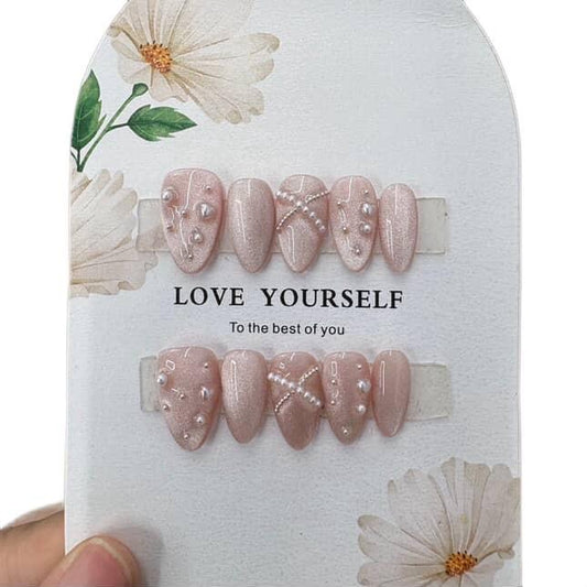 Press on Nails Almond Pink Color with Mini Peal Design Tipora 110