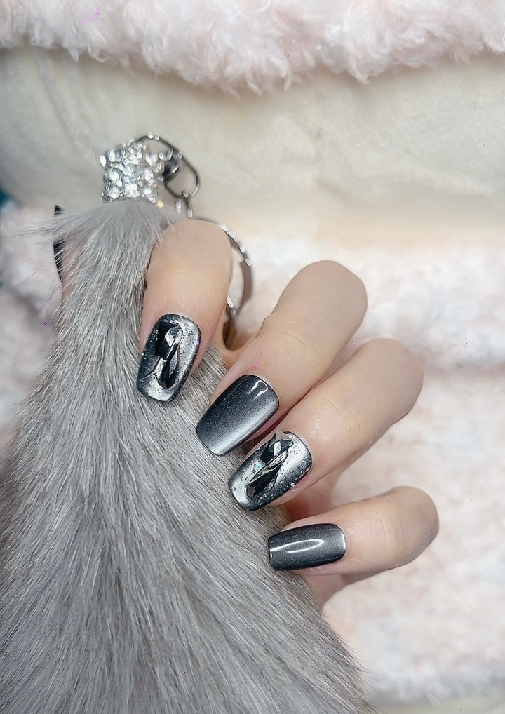 Press on Nails Square Shape Black Cat-Eye Color with Sparkle Design 127 Glam Easy Application for Various Occasions