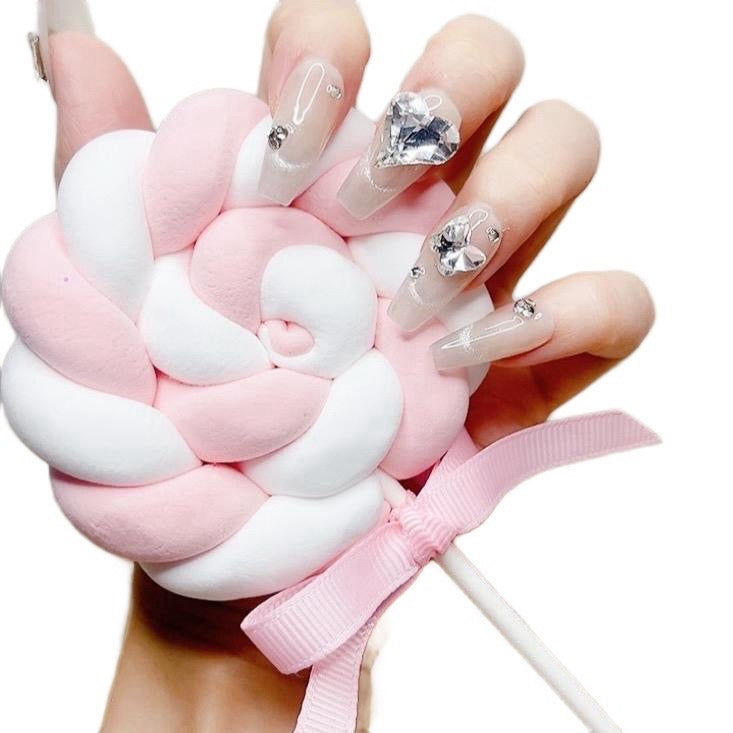 Pink Long Coffin Press-On Nails with Heart Rhinestone Design | Tipora 043