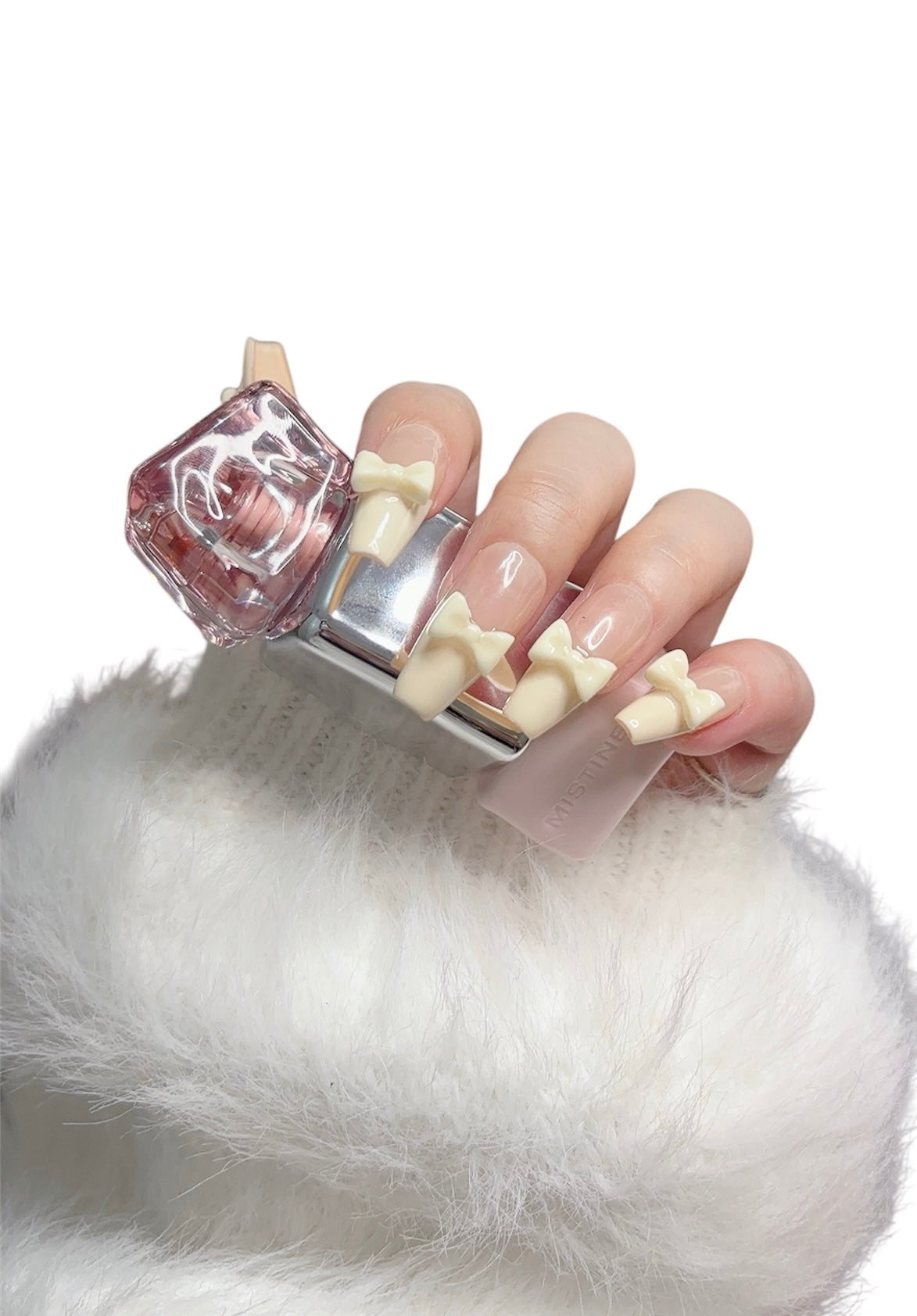 White & Pink Long Coffin Press-On Nails with 3D Bowknot Design | Tipora 095