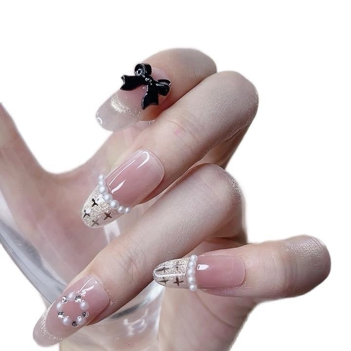 Artificial Acrylic Nails Long Oval with Mini Peal and Black Bowknot Design Tipora 113