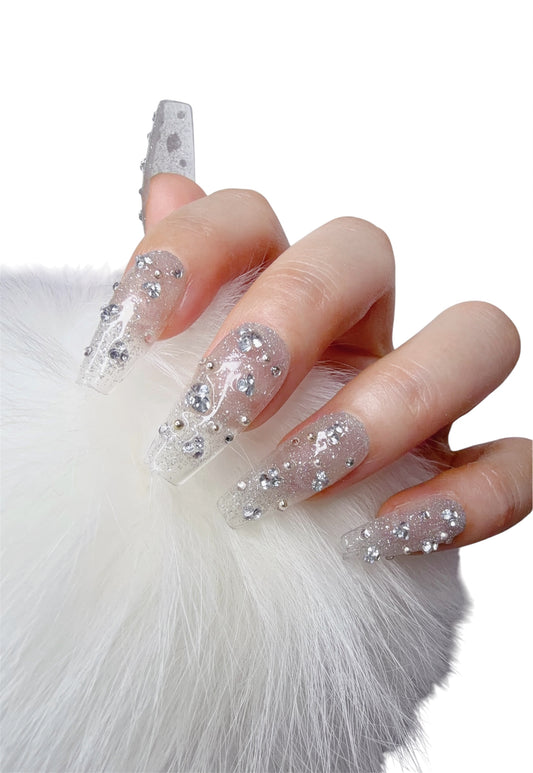 Transparent Long Coffin Press-On Nails with Sparkle Design | Tipora 006