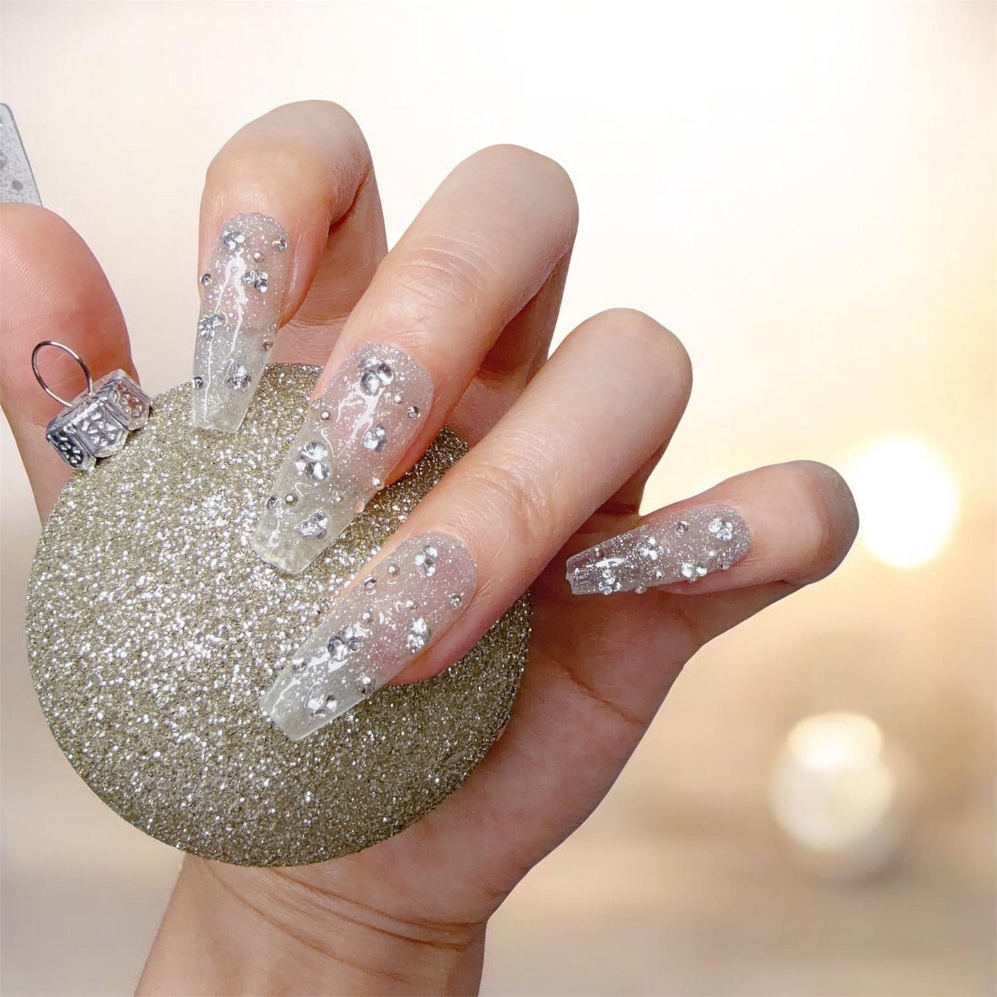 Transparent Long Coffin Press-On Nails with Sparkle Design | Tipora 006