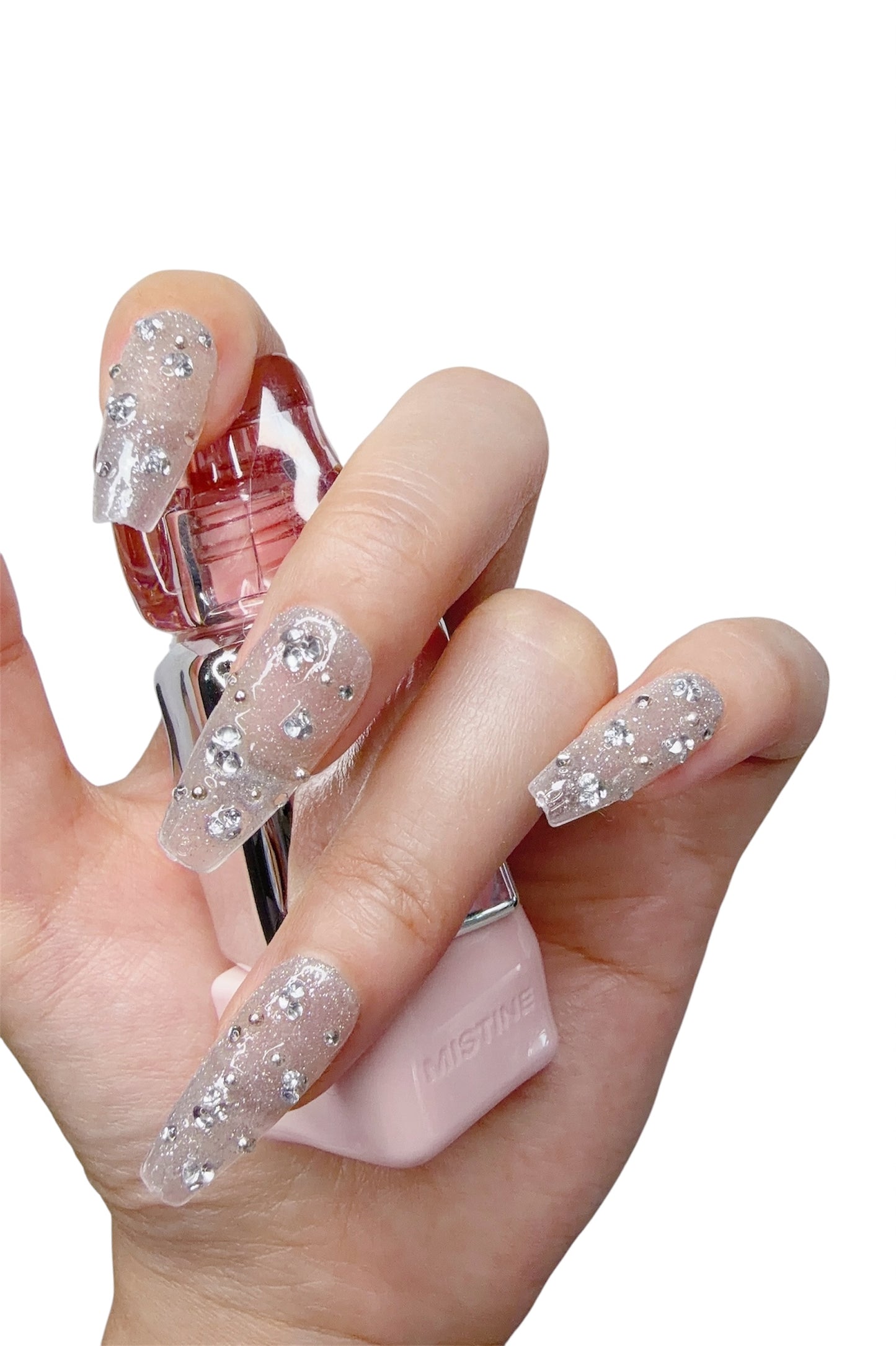 Transparent Long Coffin Press-On Nails with Sparkle Design | Tipora 006