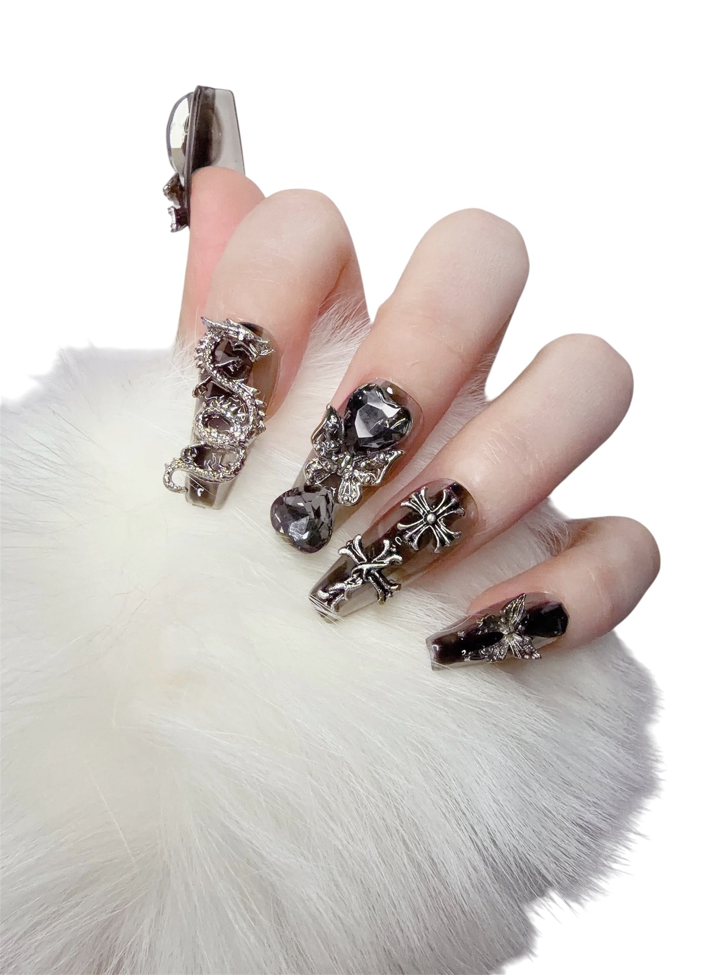 Black & Silver Long Coffin Press-On Nails with 3D Dragon Design | Tipora 013