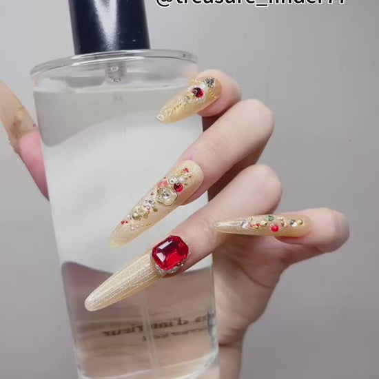 Yellow and Red Long Oval Press-On Nails with Gold Palace Design – Tipora 084 