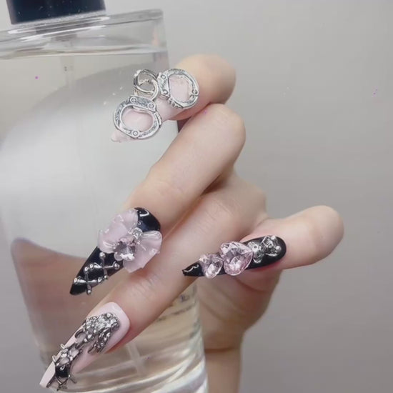 Black and Pink Long Stiletto Press-On Nails with Gothic Design – Tipora 088