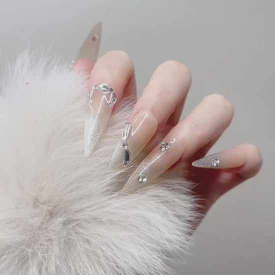Beige Long Stiletto Press-On Nails with Rhinestones – Tipora 090