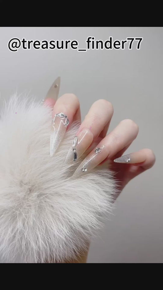 Long Arrowhead Press on Nails Beige Color -With Rhinestone Design (090)