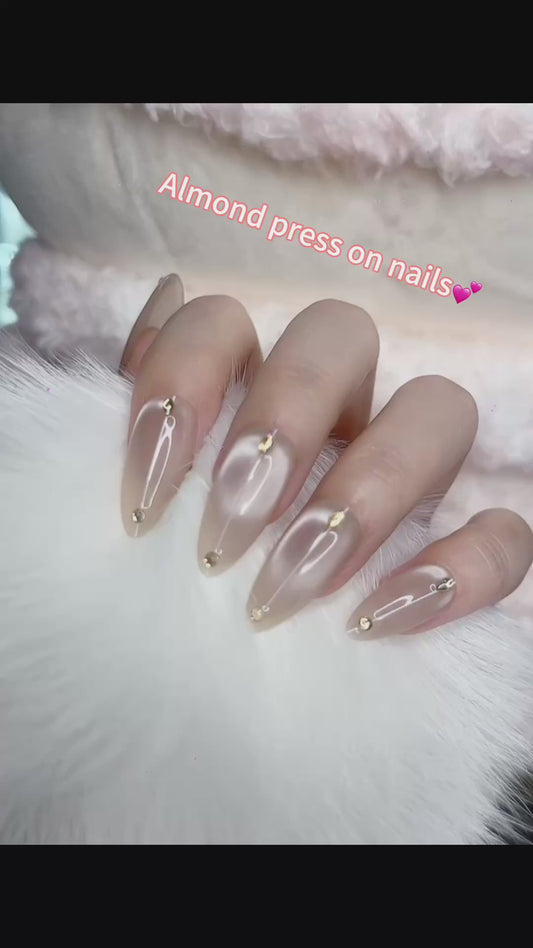 Press on Nails Almond Shape Medium Length Pink Color with Simple Line Design 130 Glam Nail